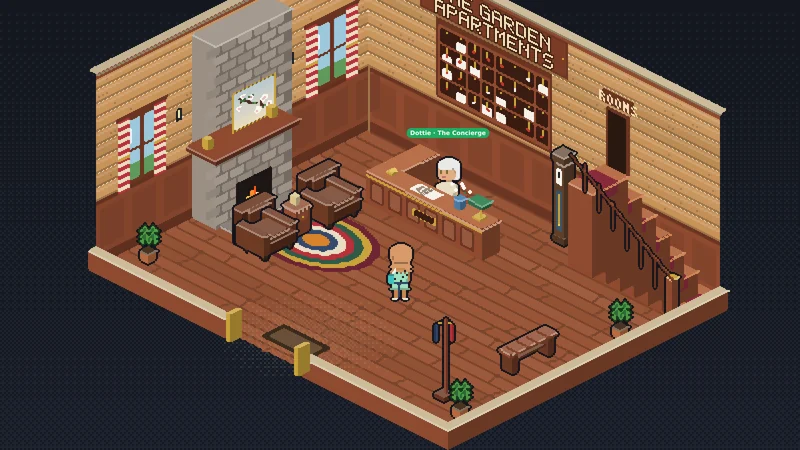 The Garden Apartments' lobby, Dottie at the desk