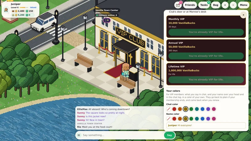 VIP membership at the stand by the Club's door, and picking your chat and name colors